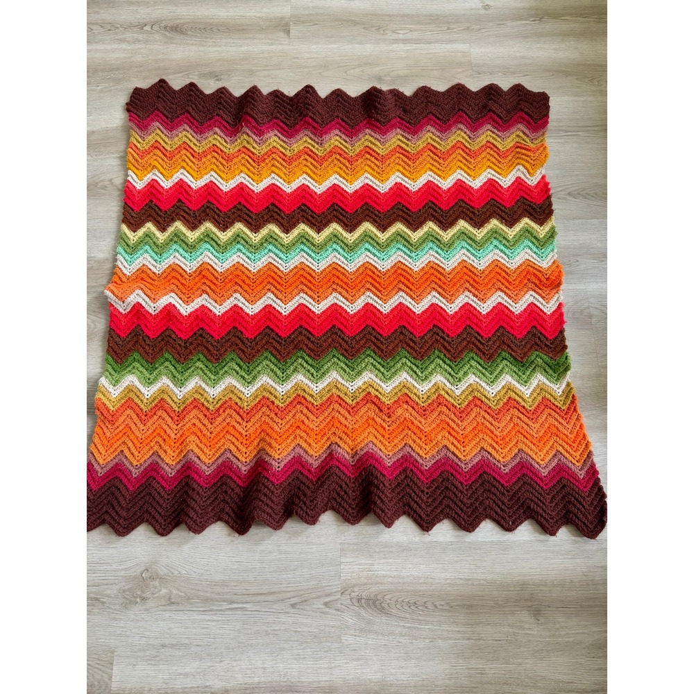Vintage Handmade Crochet Chevron Blanket Multi Color Zig Zag Ripple Throw 44x41